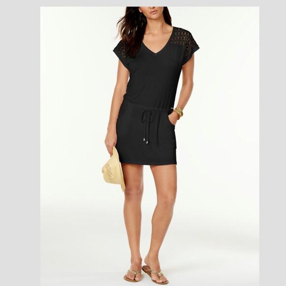 Calvin Klein Swimwear Black Crochet Trim Cover Up Dress Sz L/XL Pockets Resort - Picture 4 of 13
